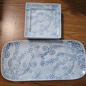 Sur La Table Melamine Plate Blue & White, Scrolls & Flowers